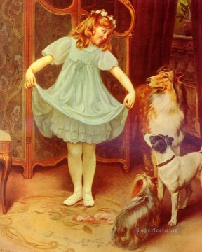 Mascotas y niños Painting - El nuevo vestido infantil idílico Arthur John Elsley pet kids
